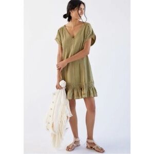 Daily Practice Anthropologie Solana Ruffle Trim Slub Tunic Dress Olive M